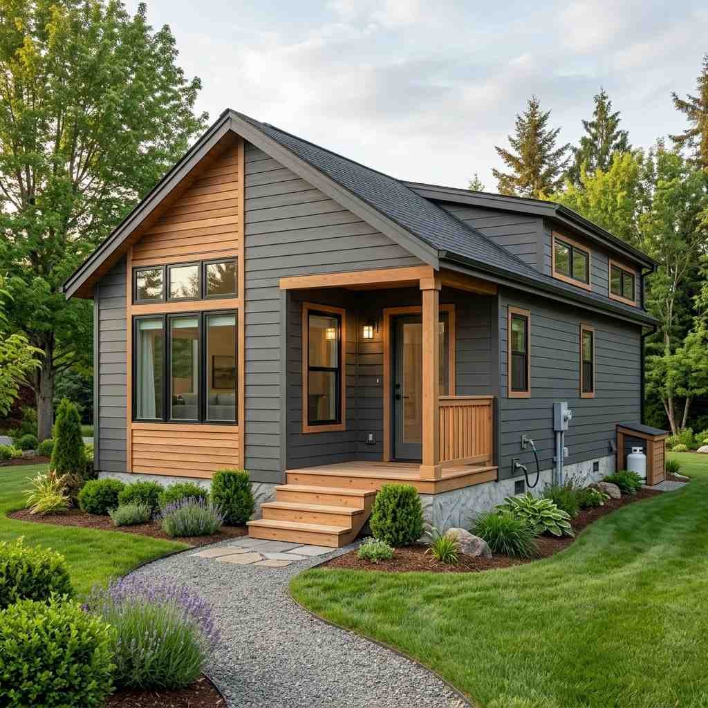 Modern park model home with gray siding and wood accents