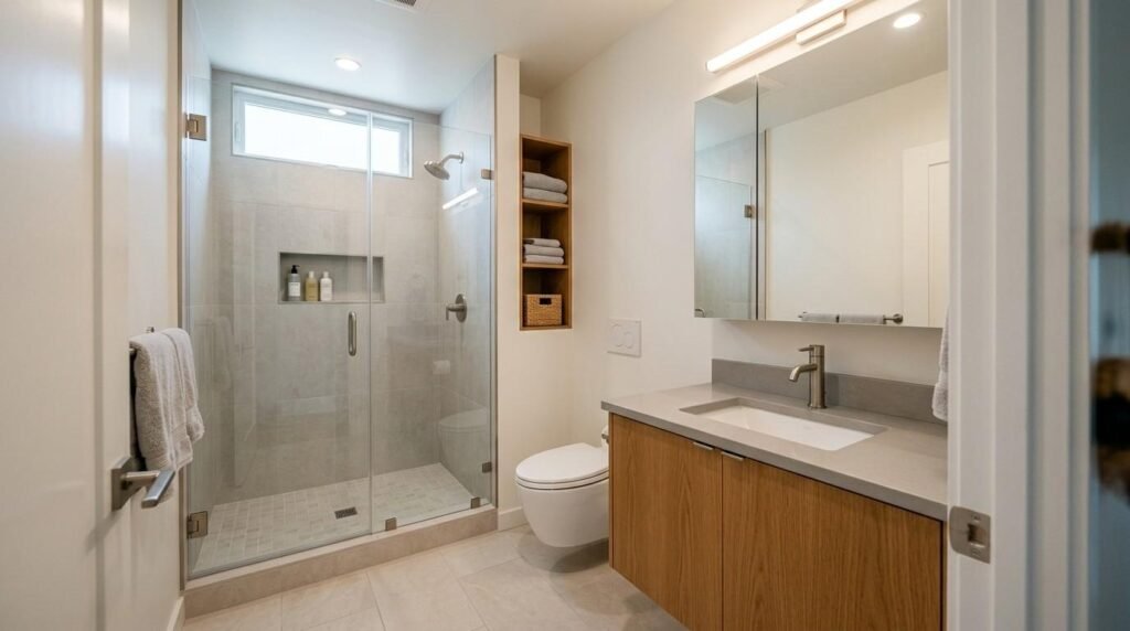 Compact ADU bathroom with a floating vanity, compact toilet, frameless glass shower, recessed storage, large mirror, durable tile, and space-efficient design.