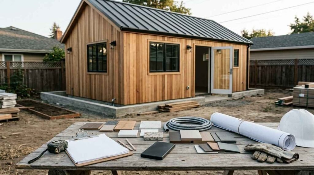 Detached ADU construction project with architectural plans, material samples, construction documents, and building materials representing the major costs involved in an ADU budget.
