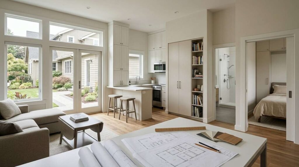 Efficient detached ADU interior with open living space, kitchenette, bedroom, bathroom, built-in storage, and blank floor plans illustrating practical ADU design and layout principles.