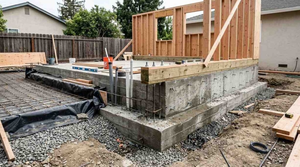 Real detached ADU under construction showing reinforced concrete foundation footings, stem walls, slab edge, rebar, drainage, and utility penetrations.