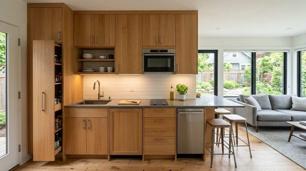 Compact ADU kitchen with space-efficient cabinetry, integrated appliances, stone countertops, smart storage, and an open connection to the living area.