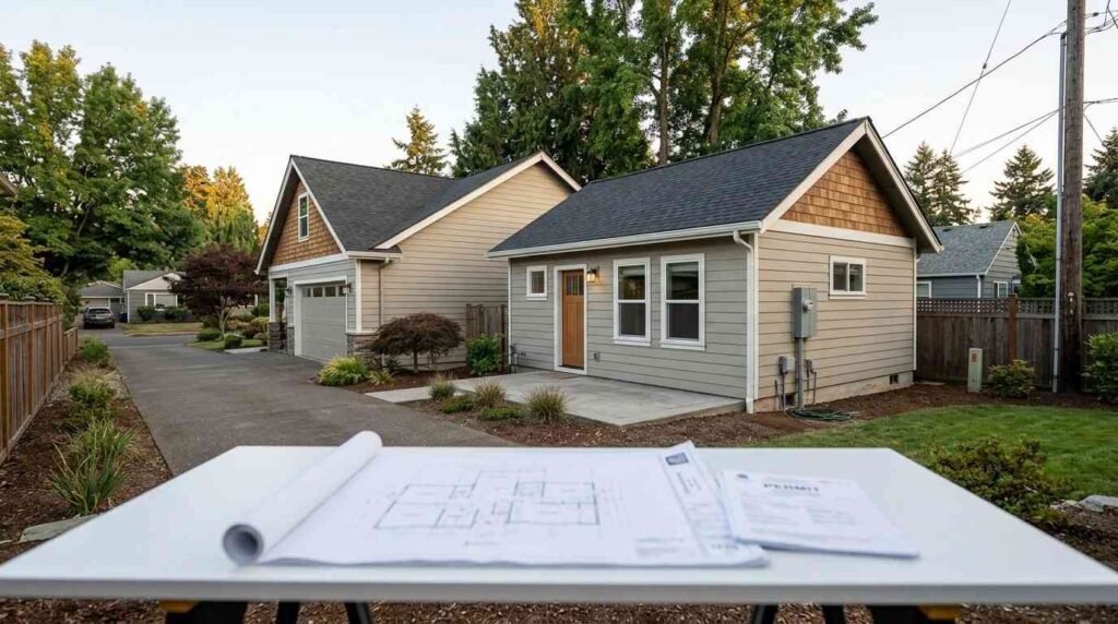 Permitted detached accessory dwelling unit beside a primary residence, representing ADU legal classification and state-specific housing regulations.