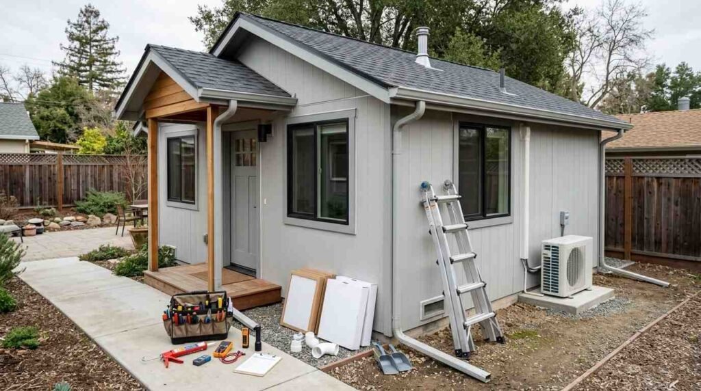 Detached ADU being maintained with inspection tools, HVAC equipment, roof drainage, siding, utilities, and exterior systems in good working condition.
