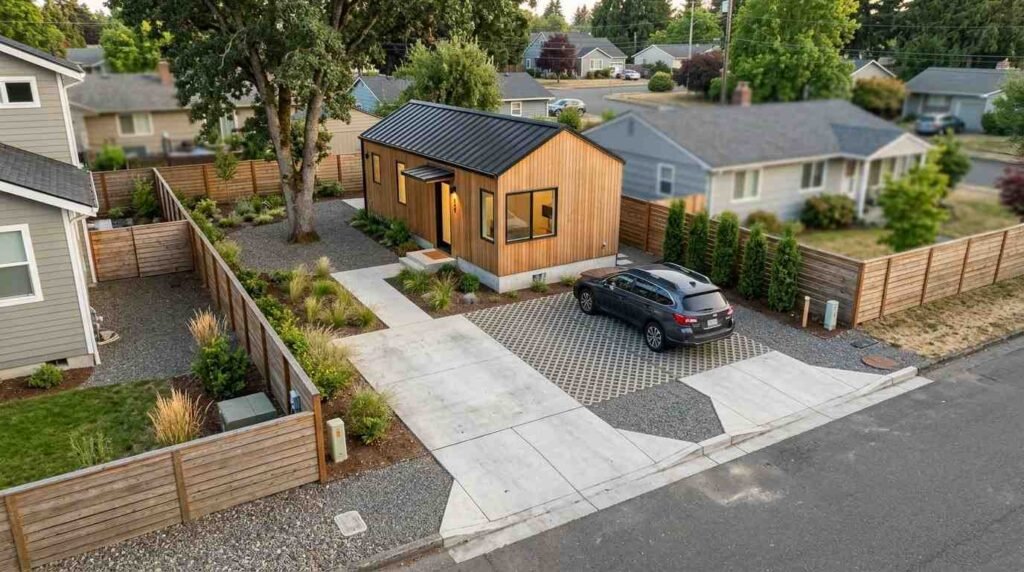Detached ADU with an integrated off-street parking space, driveway, pedestrian path, landscaped screening, drainage-conscious paving, and efficient small-lot site layout.