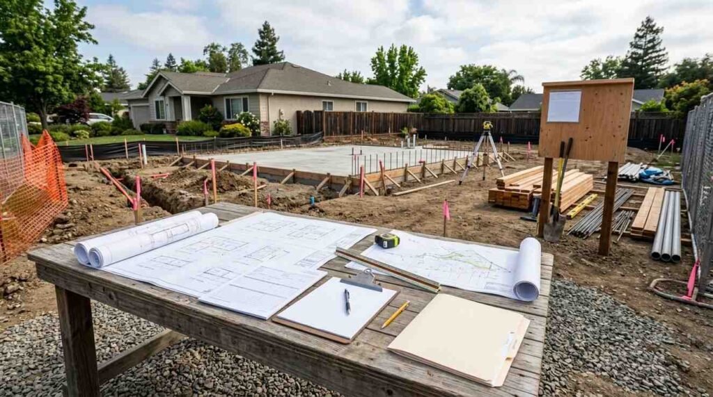 ADU permitting scene with blank architectural plans, survey documents, construction paperwork, foundation work, framing, and utility preparation on a residential lot.