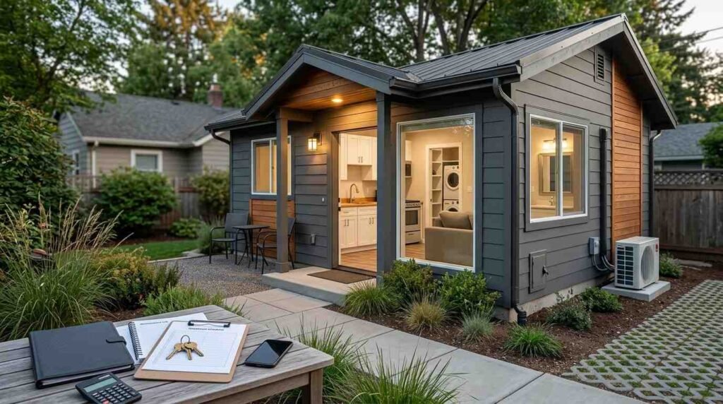 Detached ADU designed as a rental property with a private entrance, parking, patio, low-maintenance landscaping, and comfortable independent living space.