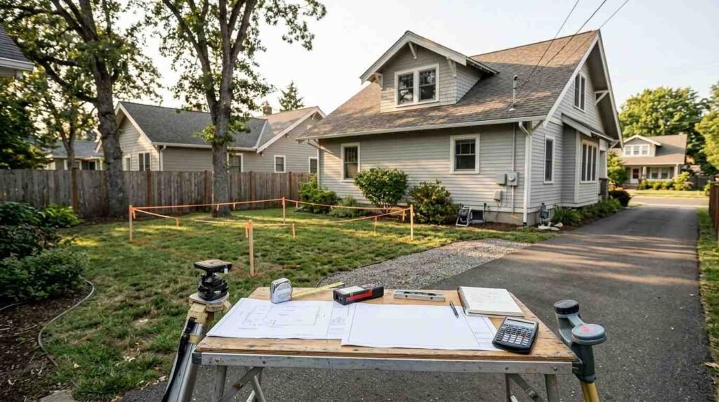 Residential property being evaluated for an ADU, showing backyard buildable area, setbacks, utilities, access, drainage, slope, trees, and site-survey equipment.