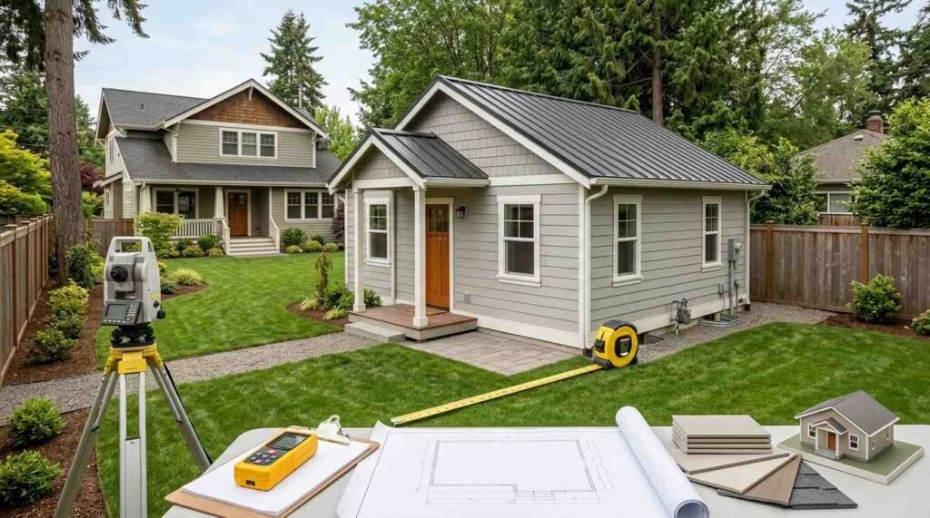 Detached ADU with realistic compact dimensions and surveying equipment illustrating building footprint, height, size, and square-footage considerations.