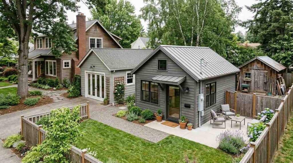 Detached ADU on a residential property with a private entrance, permanent foundation, independent utilities, dedicated pathway, and complete living-space design.