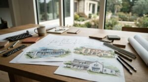 Architectural design workspace arranged on an oak table in front of large patio windows overlooking a landscaped garden. Laid across floor plan blueprints are three watercolor architectural concept sketches displaying distinct home styles: a modern flat-roof luxury villa with an infinity pool, a Mediterranean-style estate with clay tile roofing and palm trees, and a modern two-story farmhouse. Surrounding the drawings are material finish samples (natural wood planks, slate, and clay tile), rolled plan sets, drafting pencils, a scale ruler, reading glasses, a notebook, and a ceramic coffee cup.