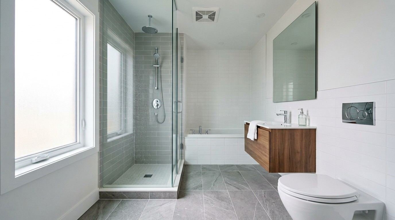 Clean bathroom with sanitized fixtures, dry shower surfaces, fresh grout, and effective ventilation to help prevent mold and mildew.