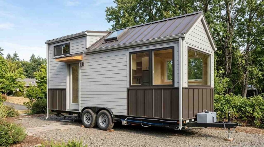 Tiny house on wheels built with durable lightweight materials including metal roofing, resilient siding, energy-efficient windows, wood interior finishes, and vinyl flooring.