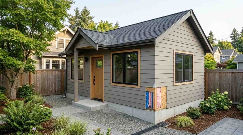 Real detached ADU showcasing durable siding, architectural roofing, energy-efficient windows, insulated door, and quality residential construction materials.