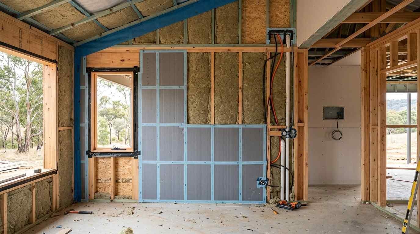 Sustainable custom home under construction showing high-performance wall and roof insulation, continuous exterior insulation, air sealing, and detailed building-envelope construction.