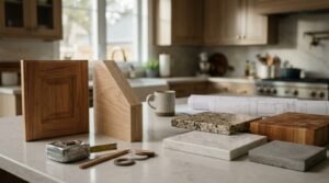 A kitchen interior finish consultation display set atop an engineered quartz island with a warm, natural-wood kitchen in the background. Upright on the left stand sample cabinet components, including a solid oak recessed-panel shaker door face and an exposed multi-ply hardwood plywood carcass cross-section. In the foreground, finish countertop material sample blocks showcase polished granite, white-veined marble, end-grain butcher block wood, and cast concrete, arranged alongside rolled architectural kitchen plans, a ceramic coffee mug, an open retractable tape measure, wood biscuits, and a carpenter's pencil.