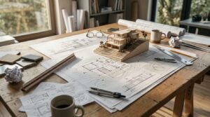 An architect's sunlit design desk featuring a detailed wooden architectural scale model of a multi-tiered modern home built on a stepped hillside base. The model rests directly on architectural blueprints detailing site contour lines, floor plans, and building elevations. Arranged around the drawings are drafting tools—including precision compasses, a triangular scale ruler, a metal straightedge, pencils, eyeglasses, crumpled trace paper, and rolled plan sheets—alongside material finish swatches (wood veneer and stone tiles) and two ceramic coffee mugs.