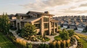 An elevated architectural landscape view contrasting custom and production home developments at golden hour. The foreground features a bespoke, multi-level luxury custom estate built with natural stone masonry, reclaimed timber siding, multiple rooflines, expansive two-story floor-to-ceiling windows, an upper balcony, and terraced flagstone walkways bordered by manicured rockery and ornamental grasses. In stark contrast across the roadway in the background sits a dense, uniform suburban master-planned subdivision filled with repetitive production-built single-family homes.