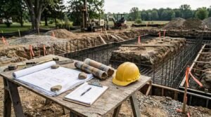 Active deep foundation excavation and footings preparation on a residential building site. In the background, extensive trenching reveals dense steel rebar cages and formwork set into the excavated soil, flanked by safety silt fencing, orange flagging ribbons, a drilling rig, and a compact excavator. In the foreground, an outdoor wooden sawhorse worktable holds unrolled structural foundation blueprints held in place by small rocks, two cylindrical soil core test samples, a yellow hard hat, an inspection clipboard with site forms and a pen, a spirit level, and a tape measure.