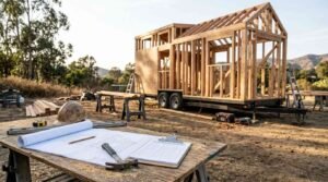 An outdoor tiny home on wheels (THOW) framing build in progress under clear daylight on an open dirt job site. In the background stands a dual-axle flatbed trailer supporting an exposed structural wood timber frame with rough door and window openings, roof rafters, and partial plywood exterior sheathing, surrounded by step ladders, sawhorses, power tool cases, and lumber stacks set against rolling hills. In the foreground, a dusty plywood sawhorse workbench displays unrolled architectural framing blueprints weighed down by a claw hammer, an inspection clipboard checklist, a carpenter's pencil, a spirit level, and a weathered hard hat.