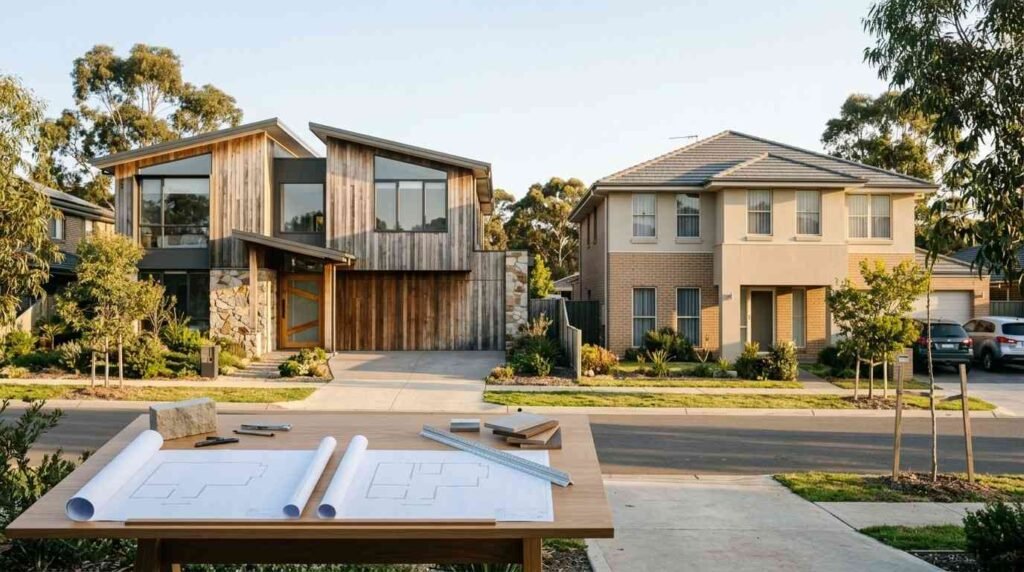 Adjacent custom and production homes showing the visual differences between unique owner-designed architecture and standardised builder home construction.
