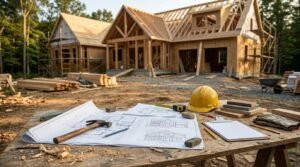 Active residential construction site featuring timber-framed custom homes with exposed roof trusses, scaffolding, and stacked lumber in the background. In the foreground, a wooden site table holds unrolled architectural blueprints showing floor plans and elevations weighted down by small stones, along with a claw hammer, pencils, a tape measure, a yellow hard hat, material sample swatches, a clipboard checklist, and work gloves.