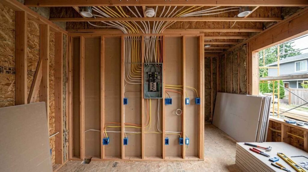 Detached ADU under construction showing an electrical panel, residential wiring, receptacle boxes, lighting circuits, appliance connections, and underground electrical service.