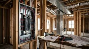 Open electrical breaker panel mounted inside the exposed wood-stud framing of a home under construction, wired with organized circuit breakers and color-coded wiring conduits. In the foreground, a wooden work trestle holds an inspection clipboard with a pen, a handheld flashlight, electrical tape, a digital multimeter with test leads, and architectural wiring blueprints, set against overhead galvanized metal HVAC ductwork and insulated flex ducts running through the ceiling joists.