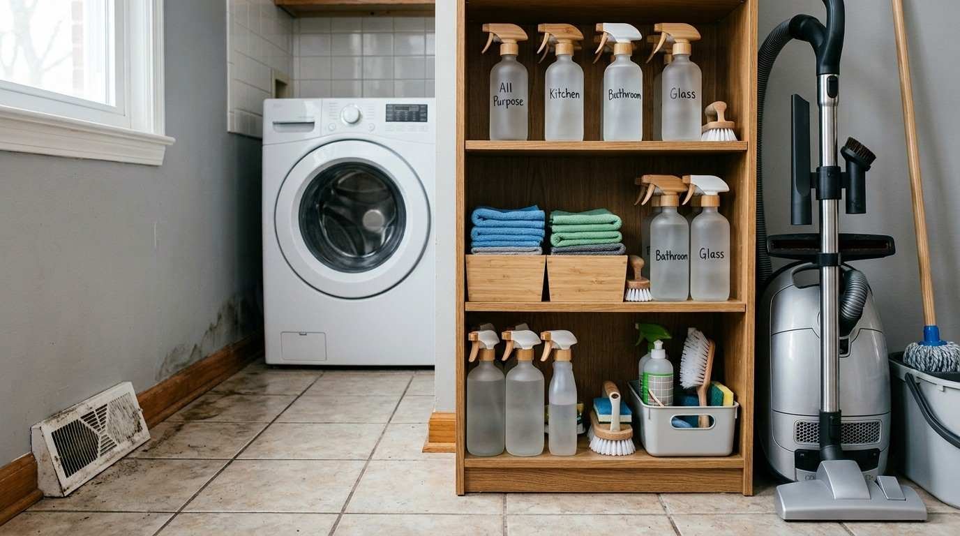 Organized home cleaning tools alongside subtle signs of moisture, airflow, and maintenance problems revealed during routine cleaning.
