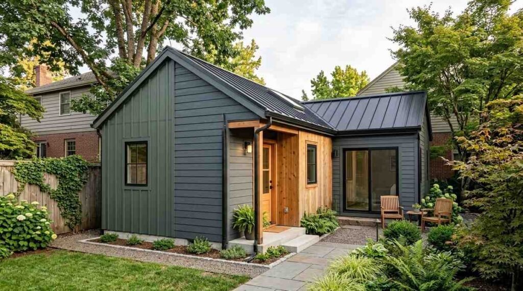 Detached ADU with fiber-cement siding, board-and-batten cladding, natural timber accents, and durable exterior detailing.