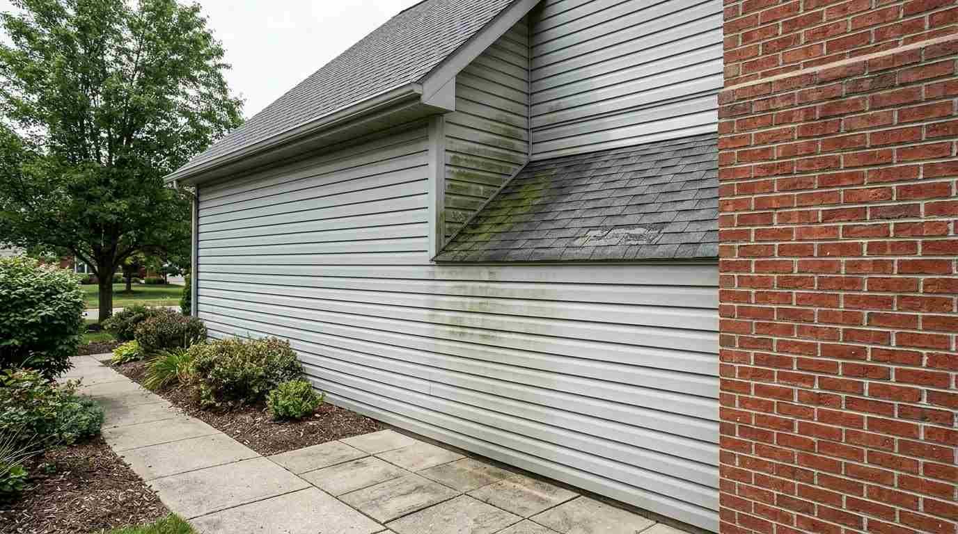 Residential exterior showing vinyl siding, brick, concrete, and roof shingles with subtle mildew and algae growth, illustrating different cleaning and pressure sensitivities.