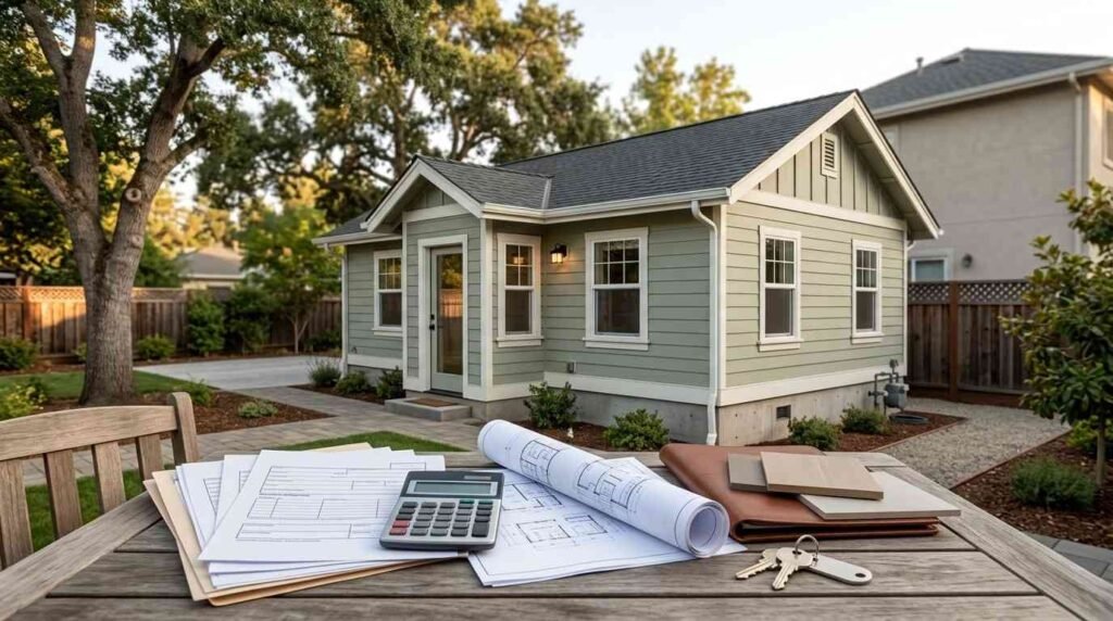 Detached ADU with blank financing and insurance documents, architectural plans, property materials, and keys representing ADU financing and insurance options.