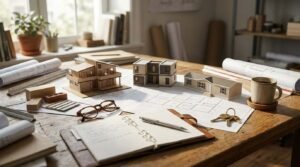 An architectural consultation and financing planning workspace arranged on a sunlit wooden desk. Positioned across unrolled floor plan blueprints are three scale model homes illustrating distinct construction types: a two-story modern custom home, a modular multi-unit build, and a single-story ranch or manufactured home. The scene includes miniature building material samples (wood blocks and siding swatches), tortoiseshell eyeglasses, an open leather notebook with handwritten notes and a silver pen, brass house keys, rolled blueprint rolls, a scale ruler, and a ceramic mug of coffee.