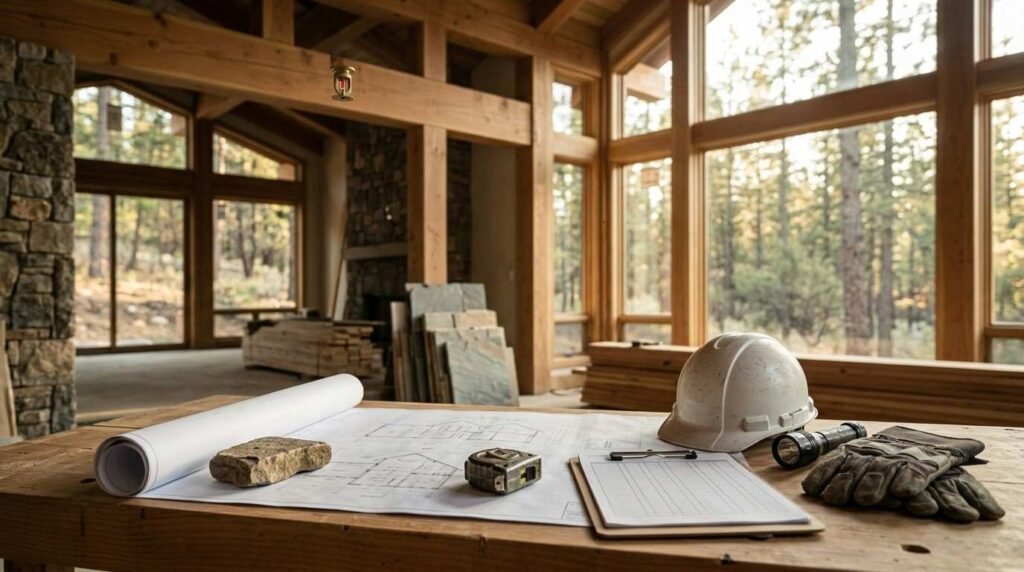 Construction site planning table inside a post-and-beam park model home during the framing phase, displaying an unrolled architectural blueprint held down by a fieldstone and measuring tape, an inspection checklist on a clipboard, a hard hat, a flashlight, and heavy-duty work gloves. A fire sprinkler head is visible hanging from the exposed timber ceiling beam above, with stone veneer wall accents, stacked building supplies, and expansive floor-to-ceiling windows looking out into a surrounding forest in the background.