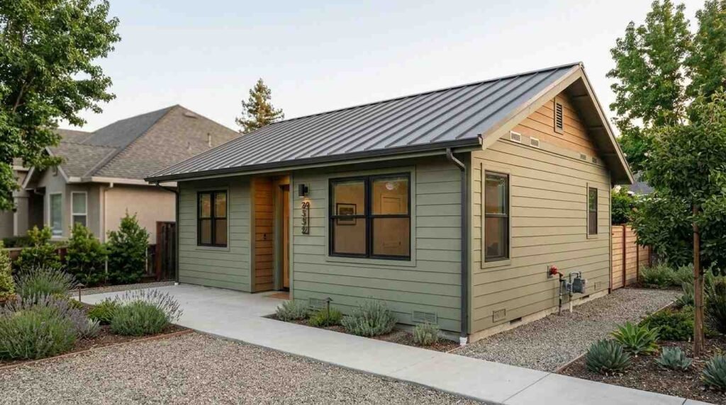 Fire-safe detached ADU with ignition-resistant siding, Class A roofing, ember-resistant vents, tempered windows, defensible landscaping, and clear emergency access.