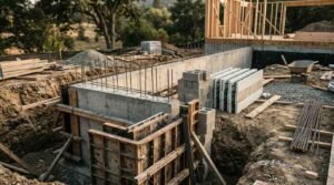 Active foundation wall construction on a sloped residential building site comparing diverse structural masonry and forming materials. In the foreground trench, tall poured-concrete foundation stem walls feature exposed vertical rebar tie-ins, with wooden forming panels braced along the lower tier. Staged across the excavation floor are stacked concrete masonry units (cinder blocks), a neat row of insulated concrete forms (ICF), bundled steel rebar rods, timber framing planks, and a wheelbarrow, with wood stud wall framing already erected atop the finished concrete foundation in the background.