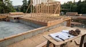 Active hybrid residential foundation and framing job site overlooking a lush forest backdrop. In the background, poured-concrete stem walls anchor anchor-bolted sill plates, transitioning into wood floor joist framing, subfloor decking, and upright vertical wall studs alongside scaffolding and neatly stacked lumber bundles. In the foreground, a rough wooden sawhorse worktable holds an open set of structural blueprints weighed down by a claw hammer, next to a notebook, a tape measure, a worn leather tool pouch, and a protective hard hat.