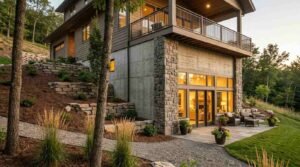 A modern hillside home featuring an exposed walk-out full basement foundation constructed with smooth poured concrete and natural stacked stone corner pillars. Large floor-to-ceiling windows and double glass patio doors illuminate the finished walk-out living space, opening onto a stone paver patio furnished with outdoor armchairs, a coffee table, and potted planters. Supporting an upper-level covered balcony with black railings, the foundation is integrated into a sloping hillside retained by multi-tiered dry-stack stone walls, mulched planting beds with native shrubs and ornamental grasses, mature trees, and a crushed gravel walkway leading up the slope.