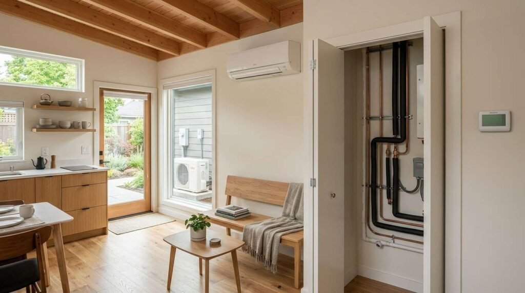 Detached ADU with an efficient ductless heat pump, outdoor condenser, thermostat, ventilation, and integrated heating and cooling system.