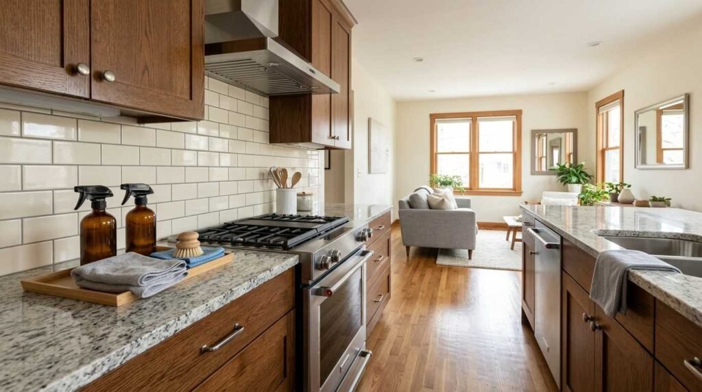 Clean home interior showing compatible cleaning methods for natural stone, hardwood, tile and grout, stainless steel, glass, painted walls, and fabric surfaces.