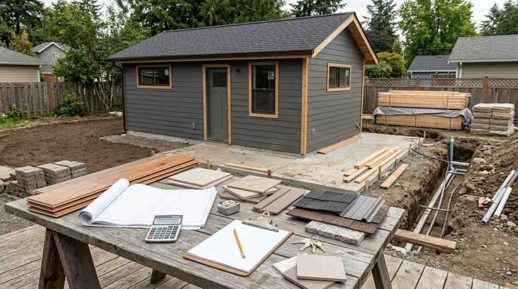Detached ADU construction project with building materials, blank plans, contractor documents, and site work representing the major costs of an ADU build.