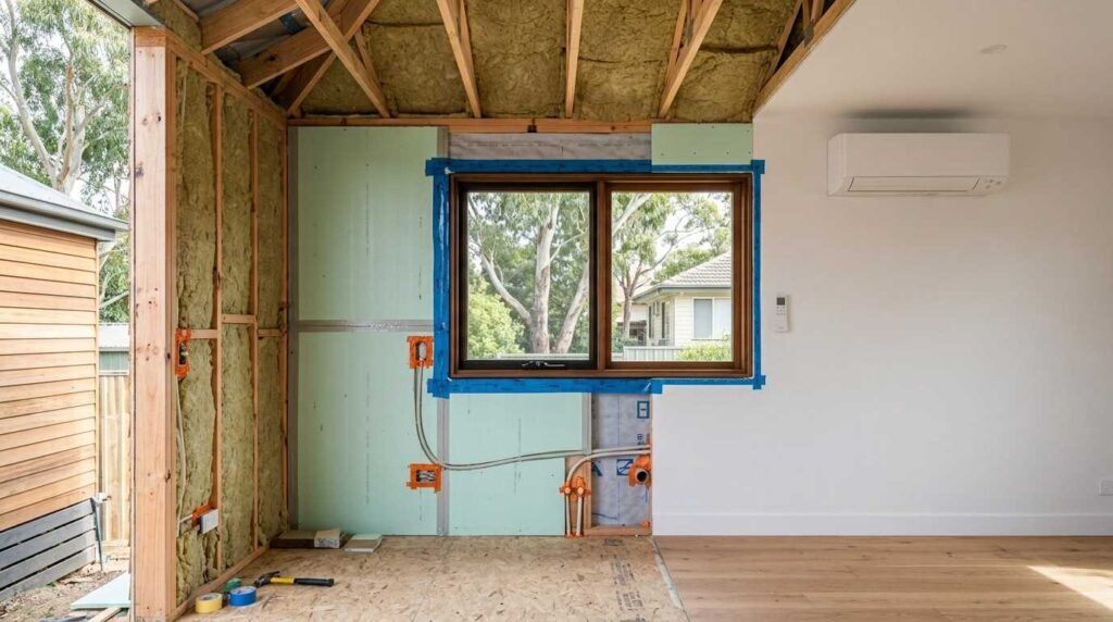 ADU under construction showing wall and roof insulation, air sealing, energy-efficient windows, and a ductless heat-pump climate-control system.