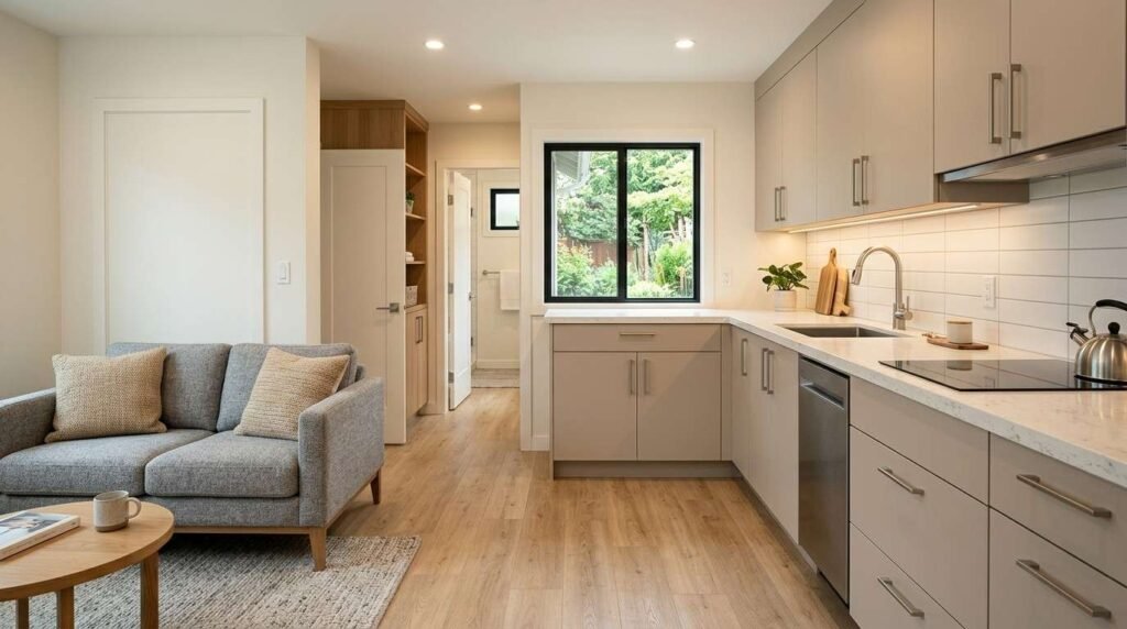 Bright ADU interior featuring continuous wood flooring, warm painted walls, custom cabinetry, quartz countertops, porcelain tile, simple trim, and layered lighting.