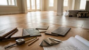 An interior residential flooring specification and material comparison display arranged directly across an installed natural hardwood and ceramic tile floor transition in an empty, sunlit room. Foreground samples arranged side-by-side include tongue-and-groove solid oak planks, engineered hardwood, slate stone tile, ceramic floor tile, and luxury vinyl planks (LVP). Beside the material planks rest an extended retractable tape measure, a carpenter's pencil, a fanned paint/finish sample deck, and unrolled floor plan blueprints, with stacked boxes of flooring planks and a contractor tool bag staged in the background near bright patio doors.