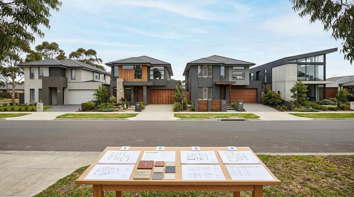 Four Australian homes illustrating the differences between spec, model, semi-custom, and fully custom construction, with architectural plans and material selections showing increasing buyer control.