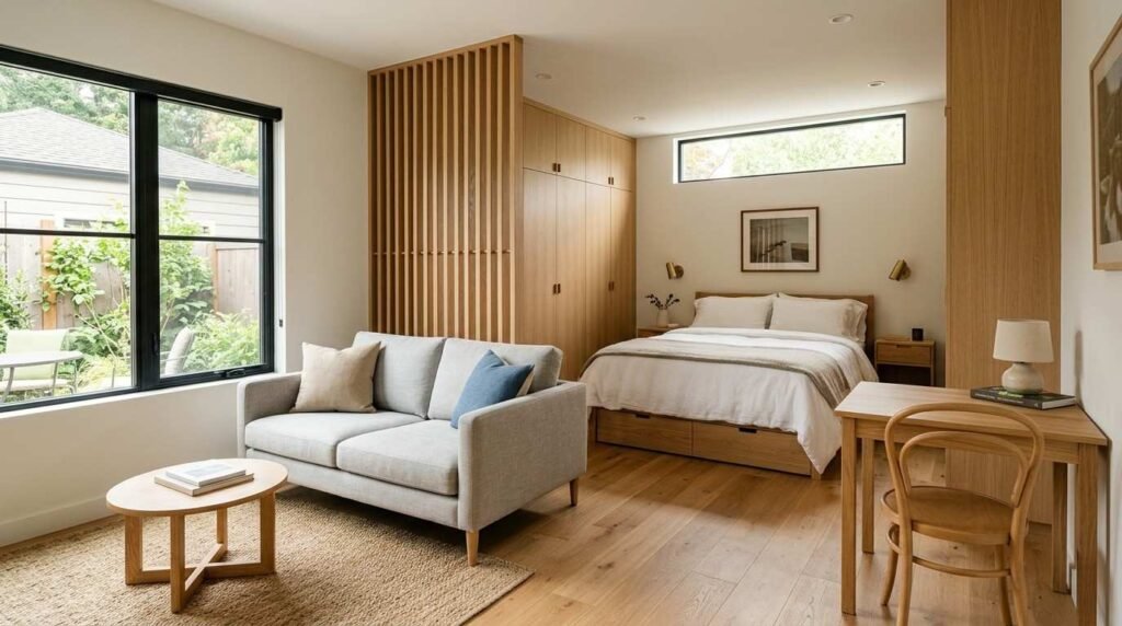 Compact ADU bedroom and living space with a queen bed, apartment-scale seating, built-in storage, natural light, continuous flooring, and space-saving interior design.