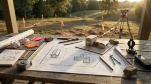 Residential site orientation and lot layout planning display on a rustic wooden worktable under warm late-afternoon sunlight. Center stage is an unrolled architectural site plan showing property setbacks, contour lines, and building footprints, paired with a small cardboard and wood scale model of a modern multi-volume home. The desk is detailed with a surveyor’s magnetic compass, digital laser measure, precision compass divider, folding wooden ruler, retractable tape measure, drafting pencil, triangular scale, rolled plan sets, and stone paperweights. The background overlooks an open grassy building plot staked with orange surveyor flags outlining the future foundation perimeter, beside an optical builder's level set on a tripod.