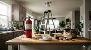Routine fire safety maintenance setup on a kitchen island in a park model home, featuring a red fire extinguisher with an inspection tag, smoke and carbon monoxide detector units, replacement 9V batteries, an opened product box, a screwdriver, and a canvas tool bag. In the background, an aluminum stepladder is positioned beneath a ceiling-mounted smoke alarm fixture, set against an open-plan living and dining area.