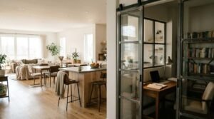 A bright, transitional home interior demonstrating open-concept living paired with acoustic zoning via industrial glass partition walls. On the right, a dedicated home office is enclosed by black steel-framed sliding glass barn doors and grid windows, revealing a built-in bookcase filled with volumes, a wooden writing desk, an open notebook, a laptop, a task lamp, and an upholstered armchair. To the left, light oak hardwood floors flow into an open-plan kitchen, dining, and living area featuring a rustic wood kitchen island with bar stools, an adjacent dining table, and a sunlit lounge furnished with a large sectional sofa and indoor plants framed by expansive exterior windows.