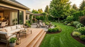 A residential backyard living area transitioning seamlessly from indoor living through wide sliding glass patio doors onto a natural cedar wood deck. The raised deck is furnished with a cushioned wooden sectional sofa, a coffee table with serving tray, and ambient lanterns. Wide timber steps lead down to a flagstone patio featuring a circular stone fire pit with Adirondack chairs, an ivy-draped wooden dining pergola strung with cafe lights, and curved mulch garden beds flanking a manicured lawn lined with hydrangeas, ornamental grasses, and mature trees.